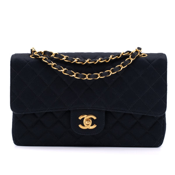 Chanel Classic Double Flap Bag Medium Satin Dunkelblau 24k GHW