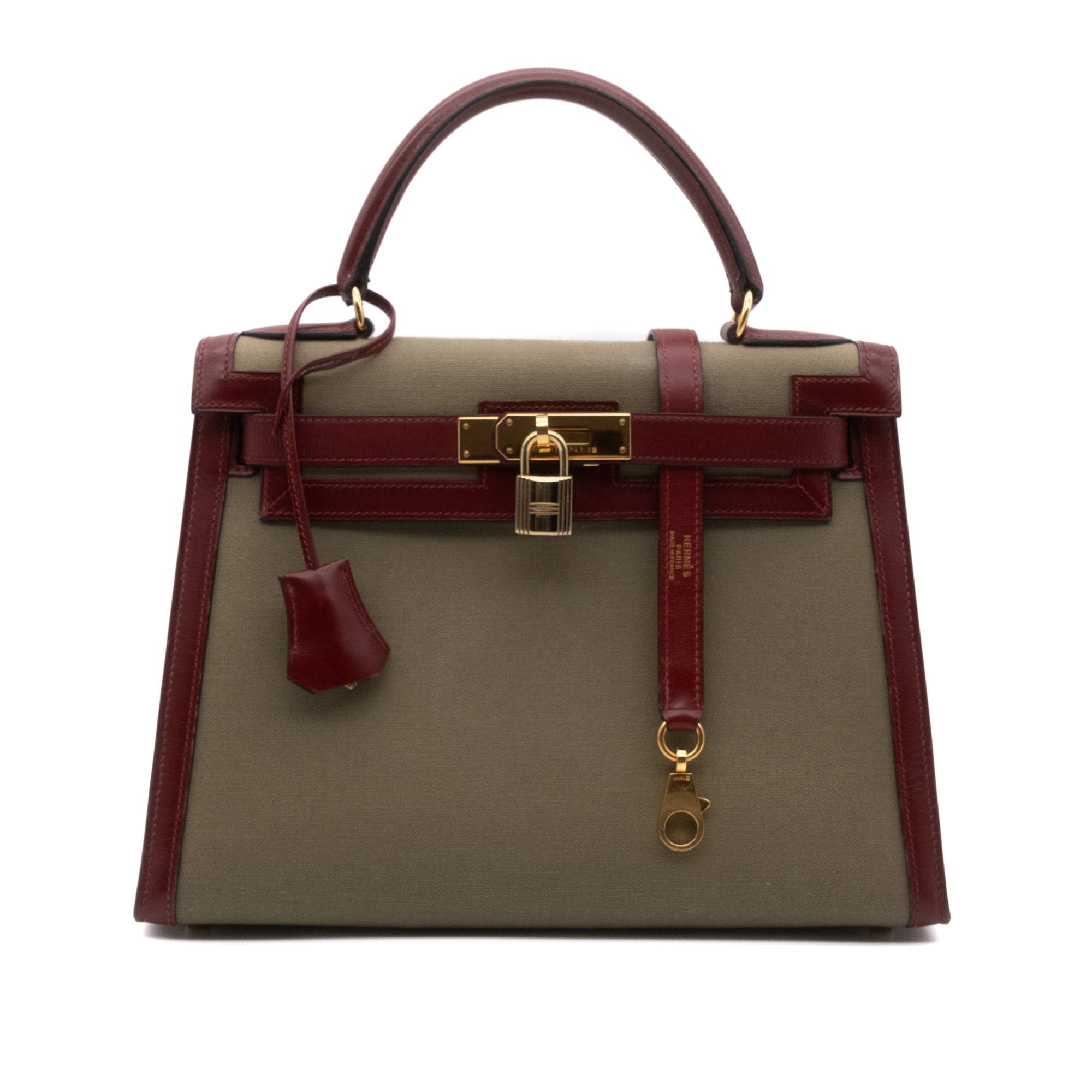 Hermès Kelly 28 Etoile aus weinrotem Rouge H Boxcalf Leder und Khakifarbenem Canvas Material im Sellier Stil und mit goldener Hardware Vorderansicht 