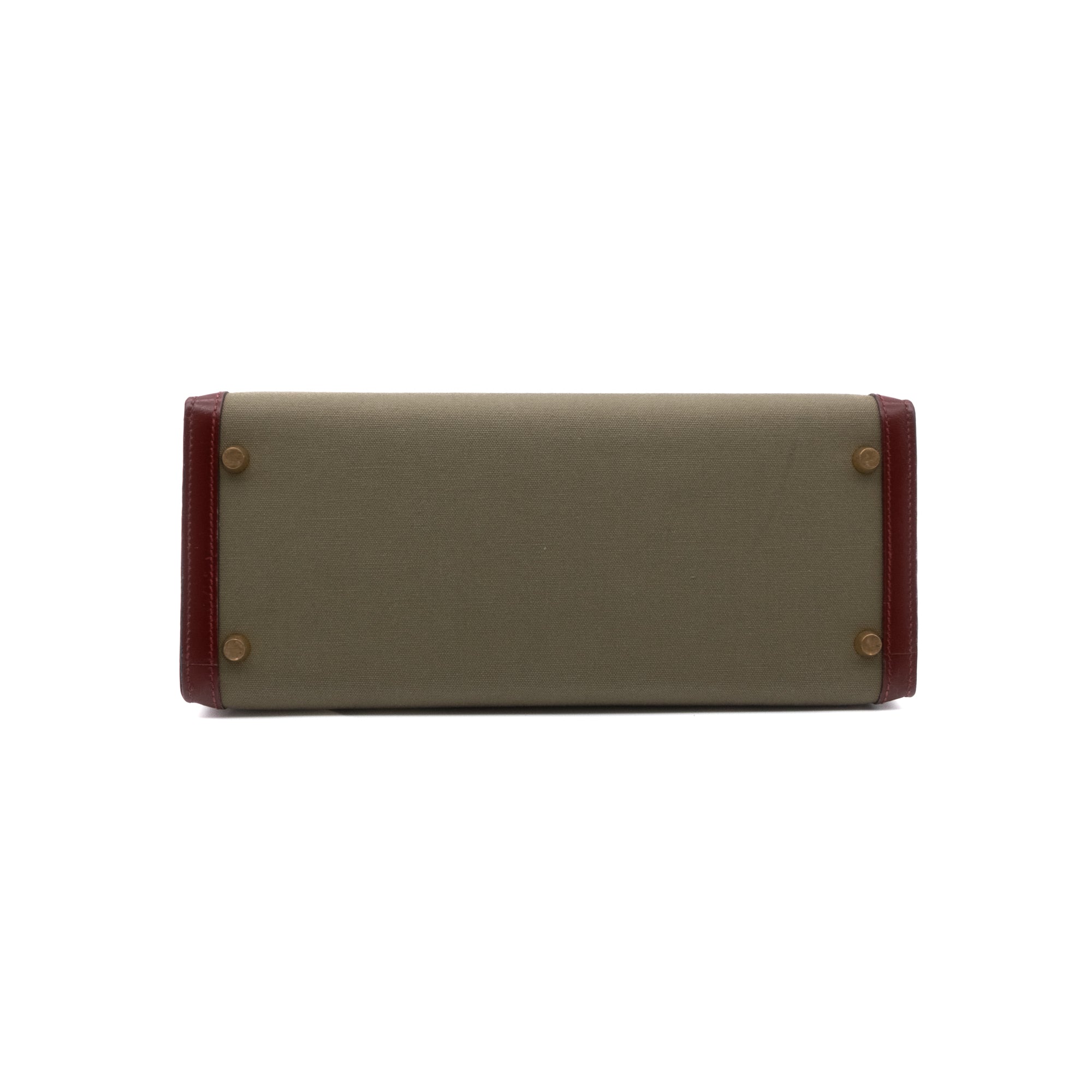 Hermès Kelly 28 Etoile aus weinrotem Rouge Ash Boxcalf Leder und Khakifarbenem Canvas Material im Sellier Stil und mit goldener Hardware