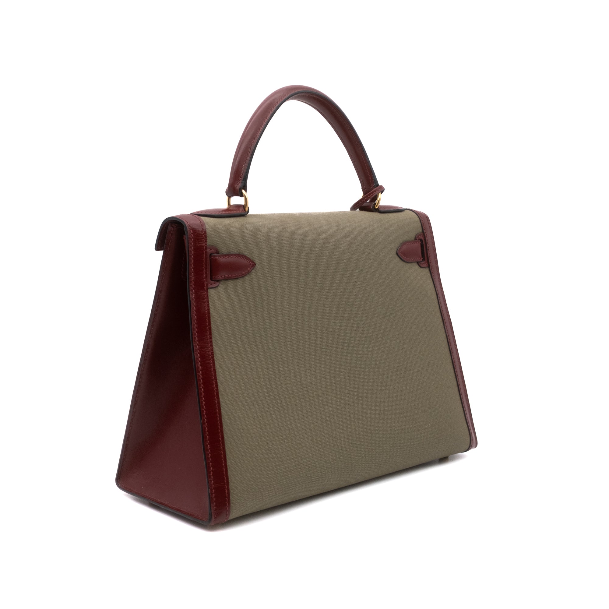 Hermès Kelly 28 Etoile aus weinrotem Rouge Ash Boxcalf Leder und Khakifarbenem Canvas Material im Sellier Stil und mit goldener Hardware