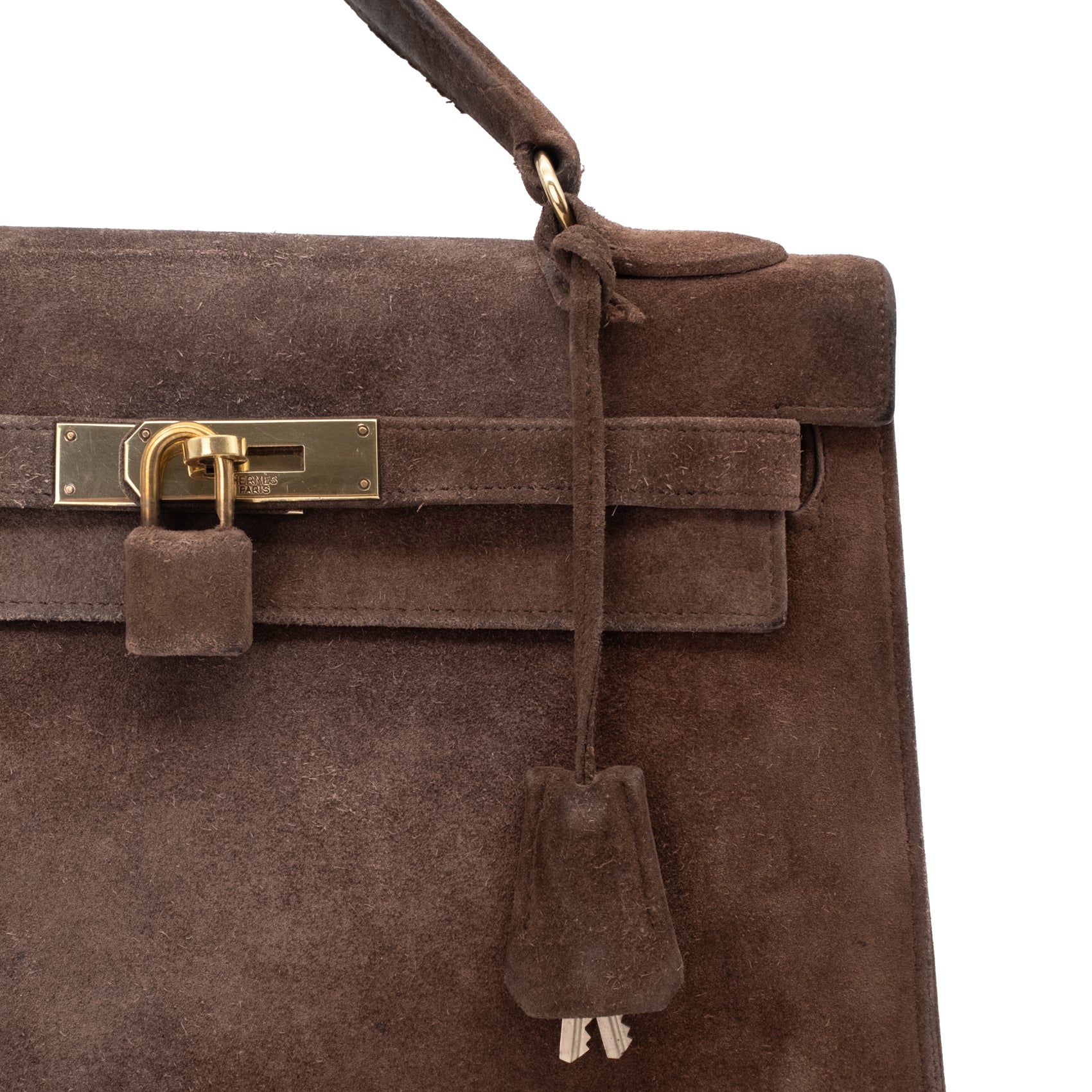 Hermès Kelly 28 Sellier Wildleder Veau Doblis Noisette Dunkelbraun GHW