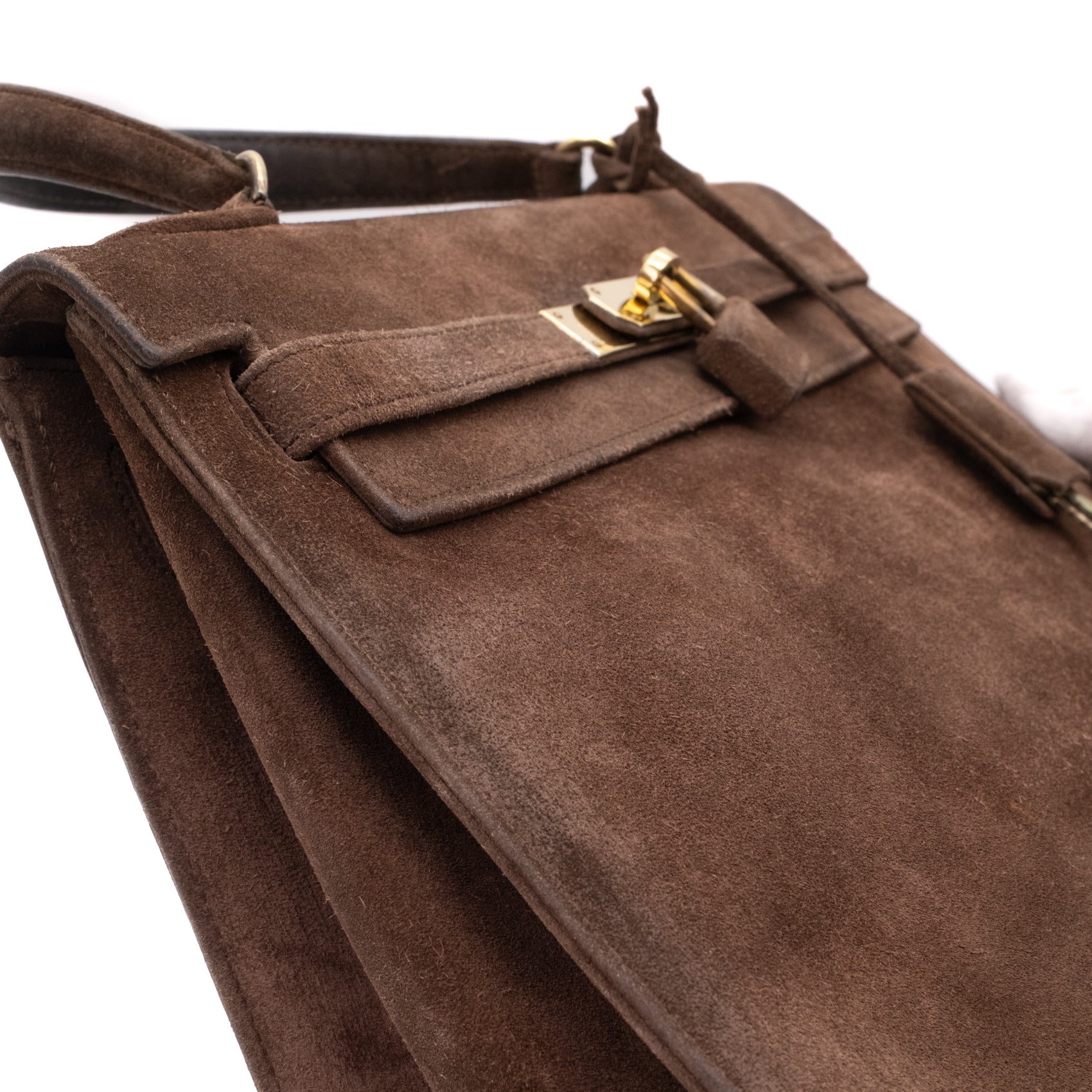 Hermès Kelly 28 Sellier Wildleder Veau Doblis Noisette Dunkelbraun GHW
