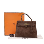 Hermès Kelly 28 Sellier Wildleder Veau Doblis Noisette Dunkelbraun GHW