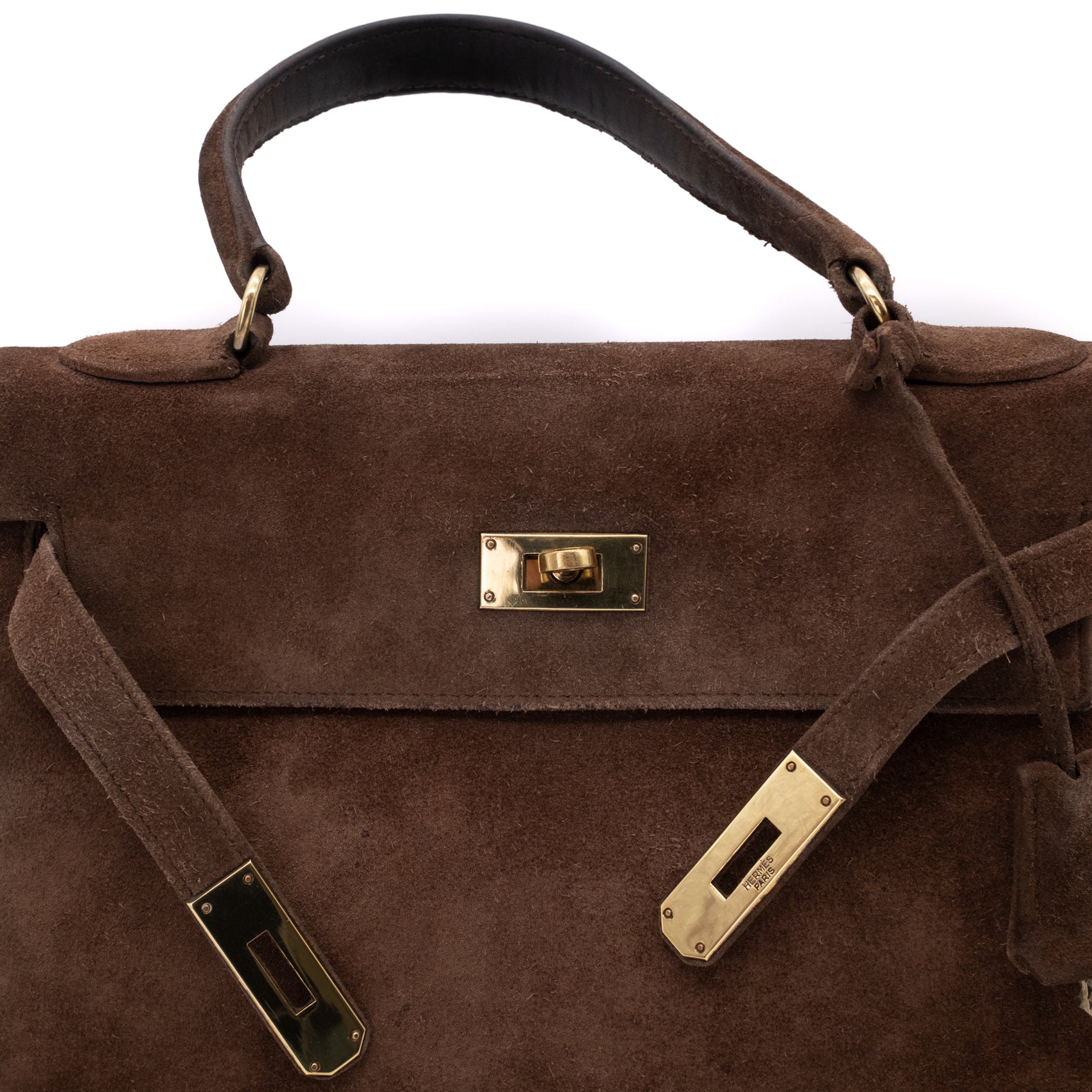 Hermès Kelly 28 Sellier Wildleder Veau Doblis Noisette Dunkelbraun GHW