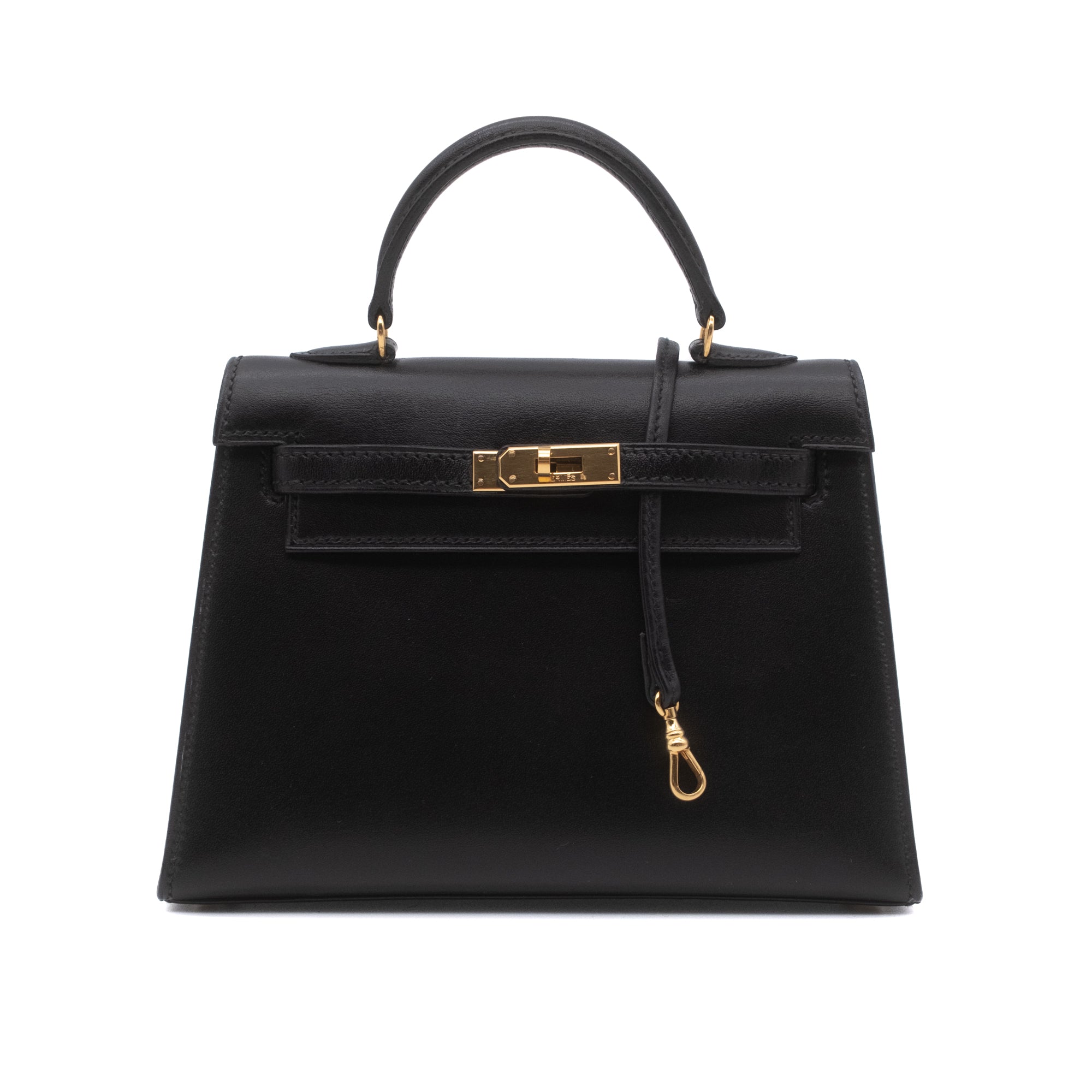 Vintage Hermès Micro Mini Kelly 15 in schwarzem Boxcalf Leder mit goldfarbener Hardware im Sellier Stil Vorderansicht